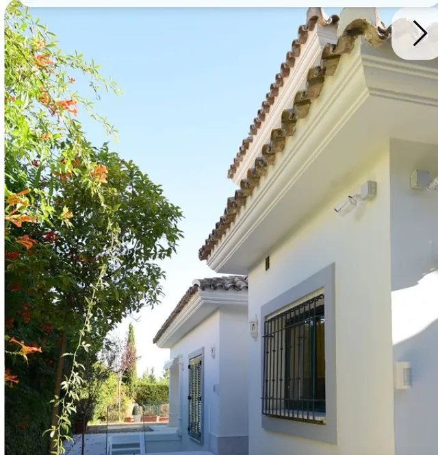 Detalle del alero de teja árabe y la fachada encalada de una vivienda
